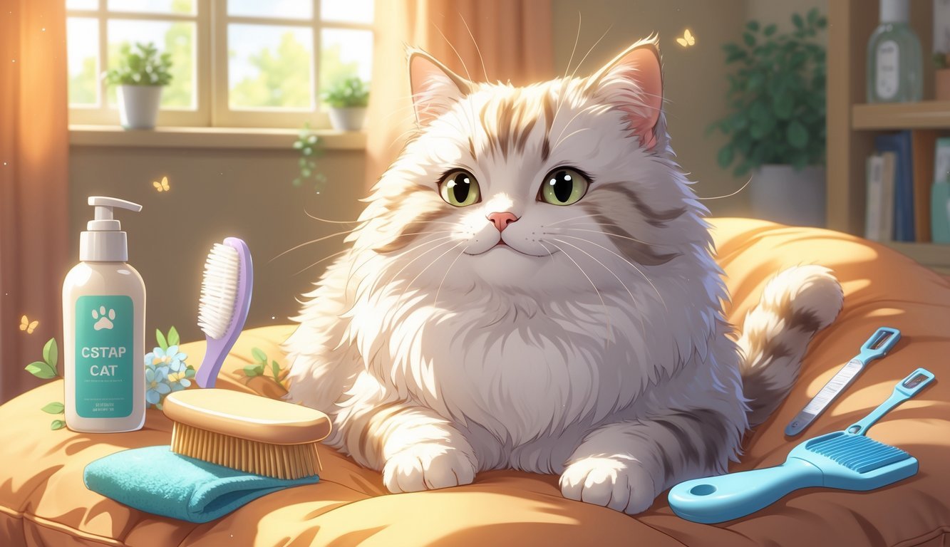 A fluffy cat with a shiny coat sits peacefully on a cushion surrounded by grooming tools in a cozy sunlit room.