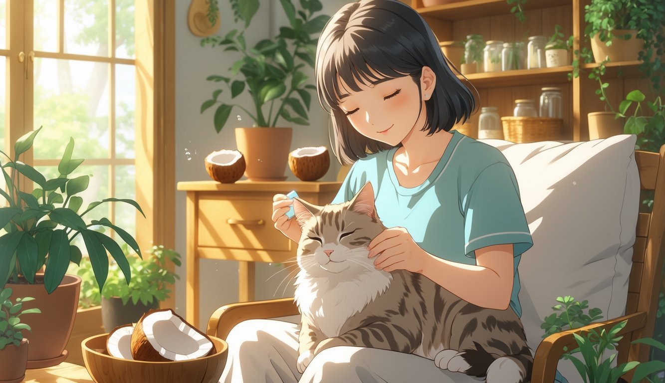 A young woman gently applying coconut oil to a calm cat's dry skin in a cozy, sunlit room with plants and natural decorations.