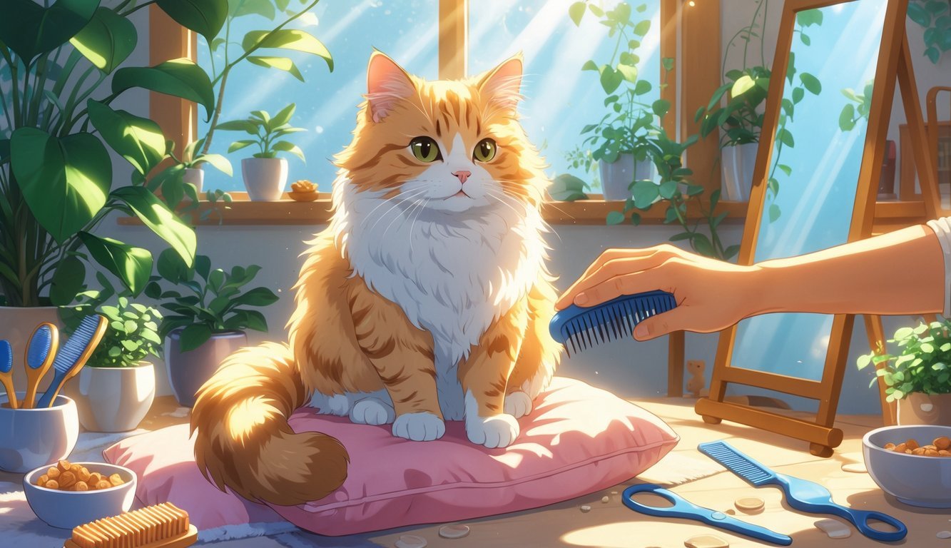 A well-groomed cat with shiny fur being brushed by a gentle hand in a cozy room filled with plants and grooming tools.