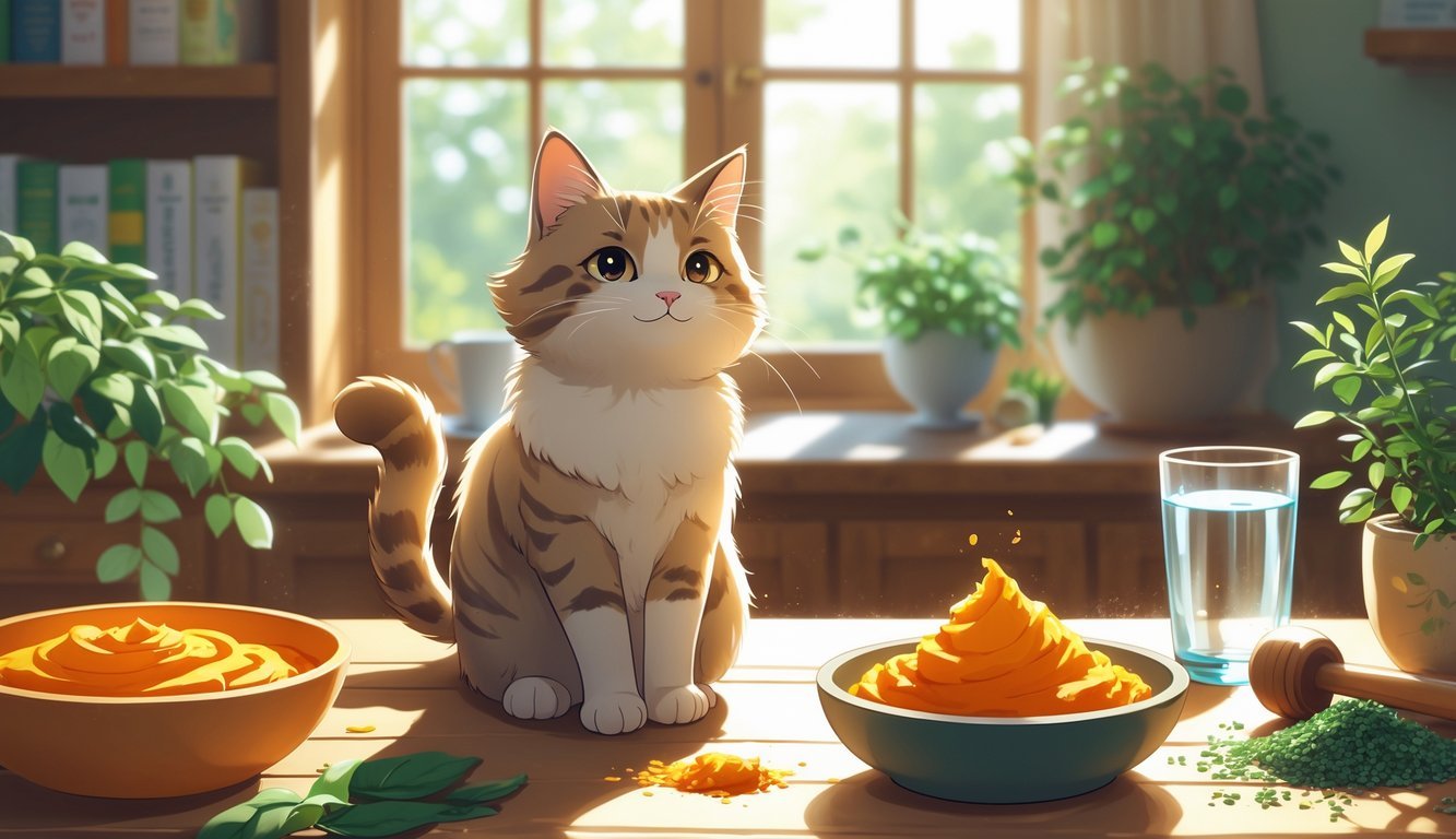 A happy cat sitting on a table next to a bowl of pumpkin puree with herbs and natural items around, in a cozy kitchen setting.