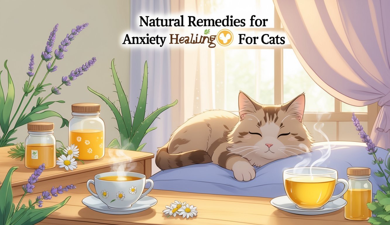 A calm cat resting near a steaming cup of chamomile tea on a wooden table surrounded by chamomile flowers and natural remedy plants in a warm, softly lit room.