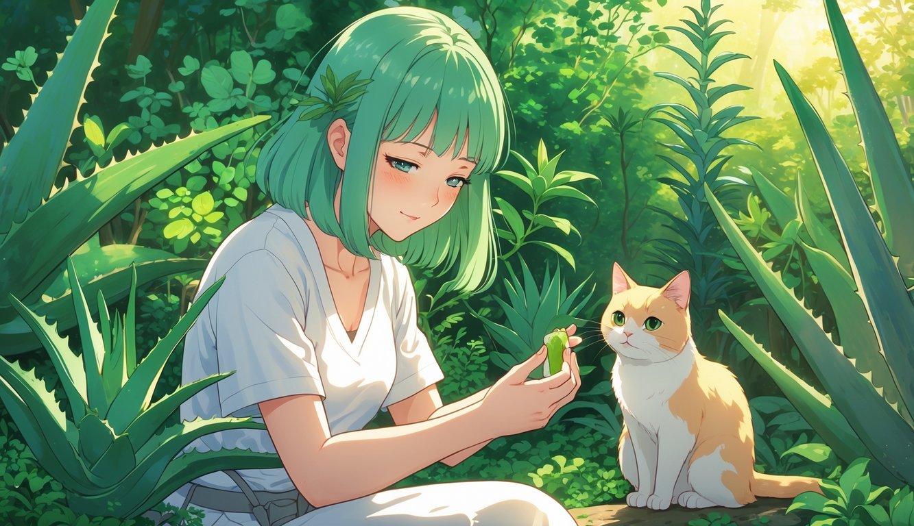 A young woman applies aloe vera gel to a small wound on her hand while a cat watches nearby in a lush garden filled with aloe vera plants.