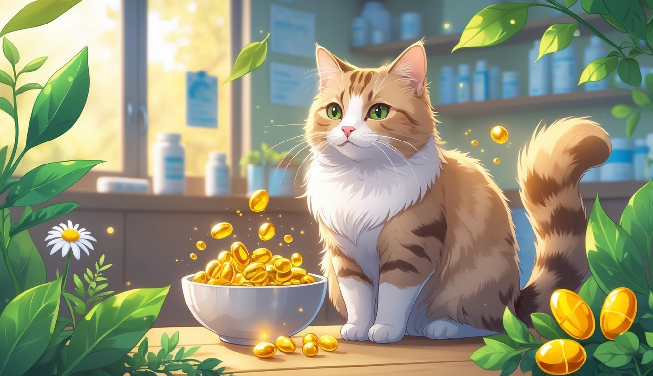 A healthy cat sitting next to a bowl of fish oil capsules surrounded by green leaves and herbs, with a veterinarian clinic softly visible in the background.
