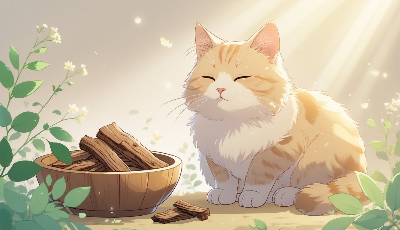 A calm cat sitting next to a bowl of slippery elm bark surrounded by green leaves and flowers.