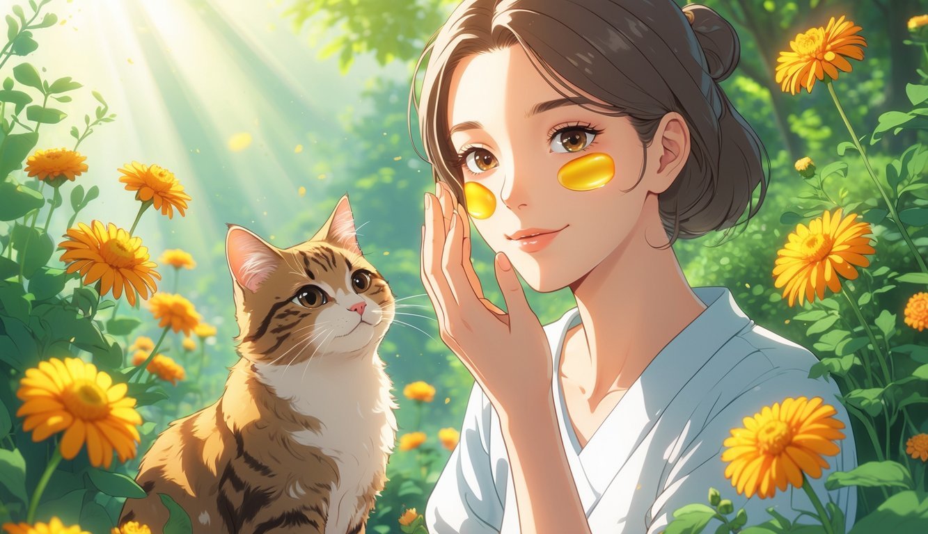 A young woman applying cream to her cheek in a garden with blooming calendula flowers and a calm tabby cat sitting nearby.