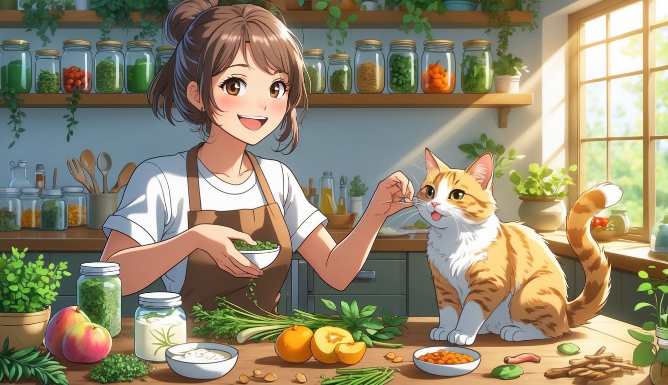 A young woman in a kitchen preparing natural remedies with fresh herbs and foods while a healthy cat plays nearby.