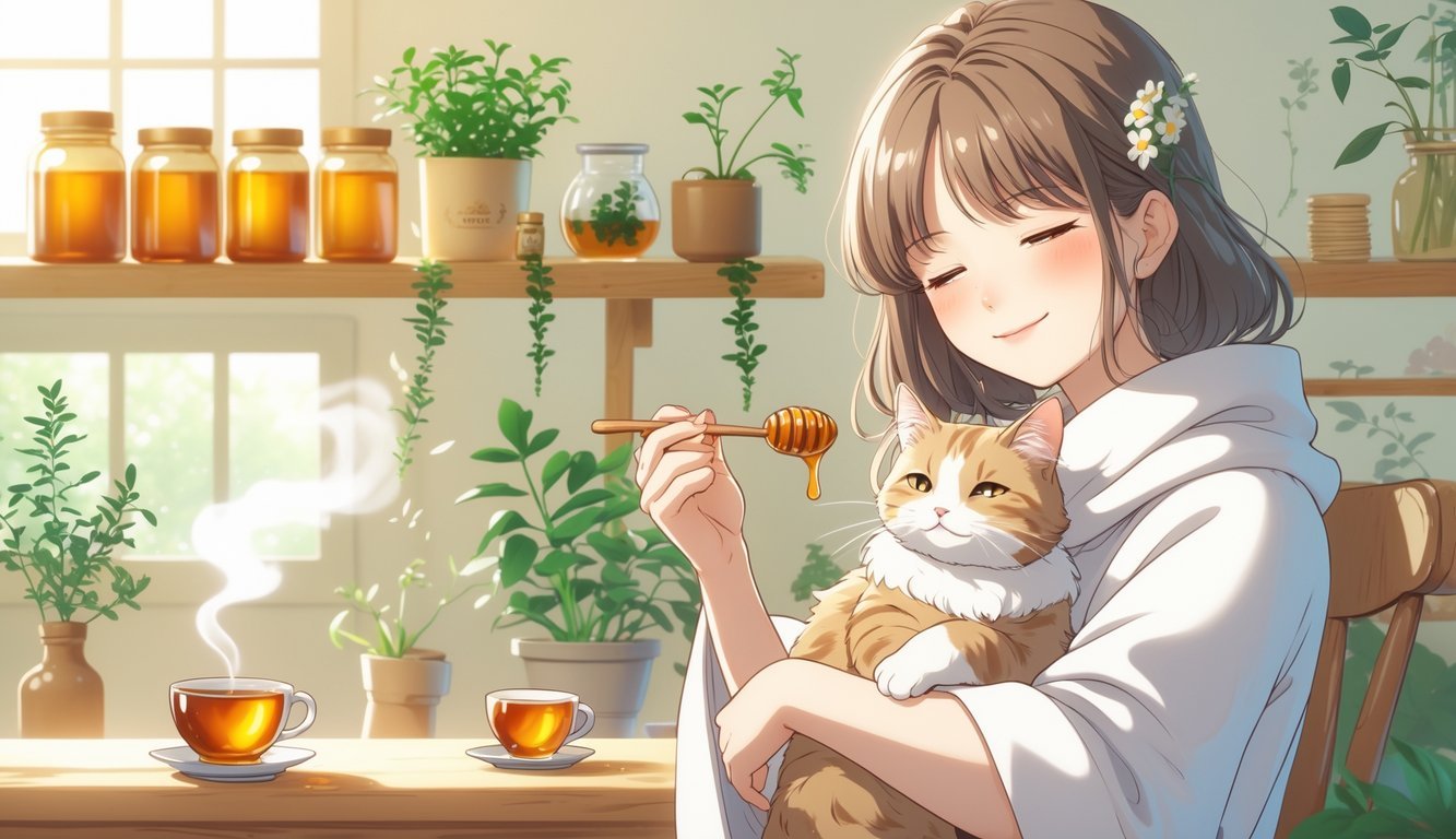 A young woman gently holding a small cat in a sunlit room filled with honey jars and herbs, offering honey to the cat for comfort.