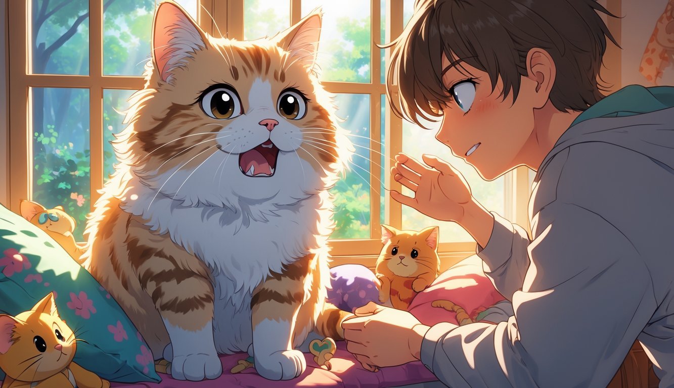 A cat meowing loudly while sitting on a windowsill, looking at a person who is gently trying to give it attention in a cozy room.