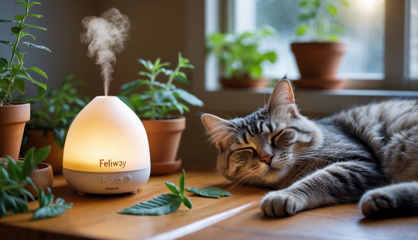 A calm cat resting peacefully beside a softly glowing diffuser on a wooden table surrounded by plants and natural elements in a cozy room.