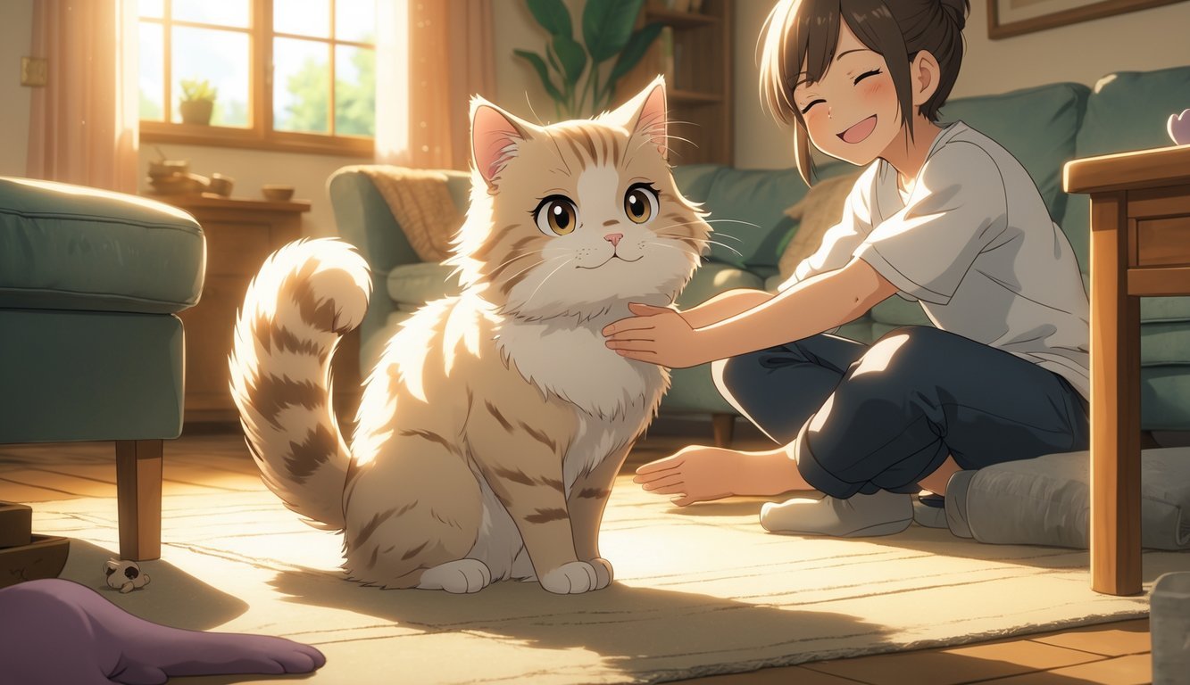 A cat rubbing against a person's legs and furniture in a cozy living room while the person smiles and pets the cat.