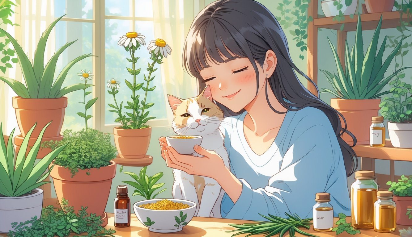 A young woman gently caring for a calm cat in a cozy room filled with plants and natural remedies.