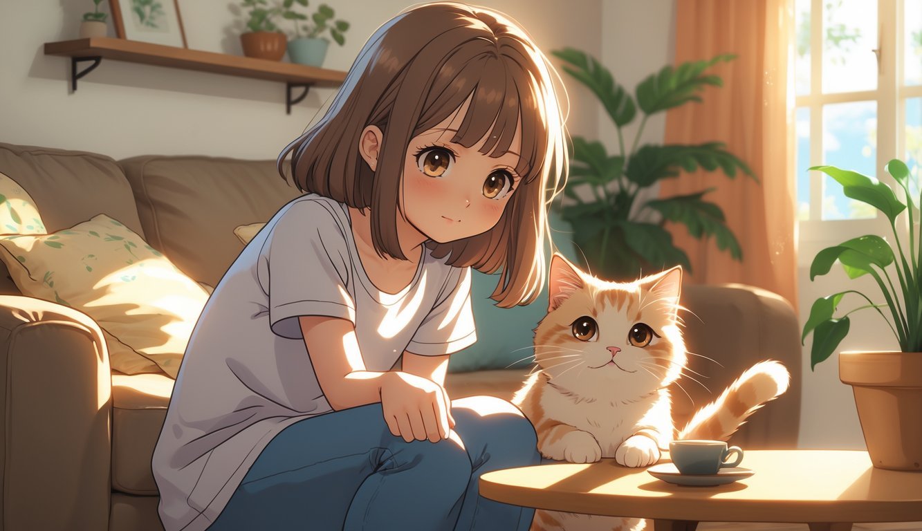 A girl inside her home with her cat following closely behind her, looking up at her with longing eyes.