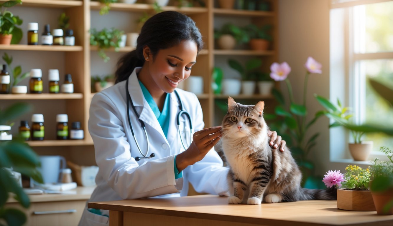 A veterinarian gently examining a calm cat in a cozy clinic room with shelves of natural remedies and plants.