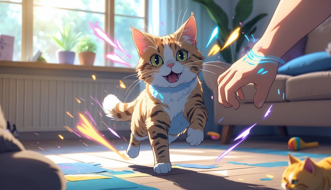 A lively cat showing seven different energetic behaviors to get attention in a cozy indoor room.