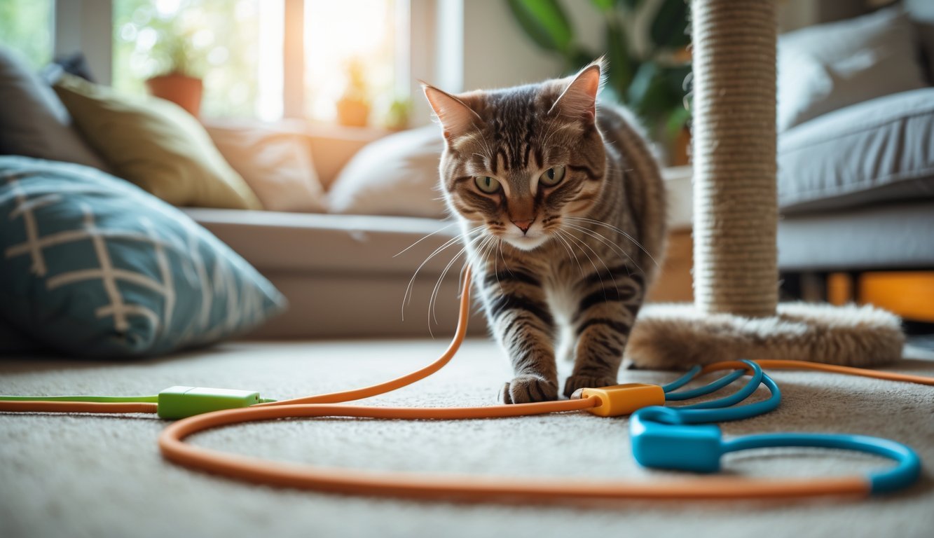 A cat playing near electrical cords that are secured with cord protectors in a tidy living room.