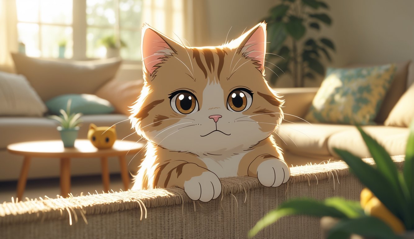 A cat scratching furniture in a living room, looking anxious and seeking attention.