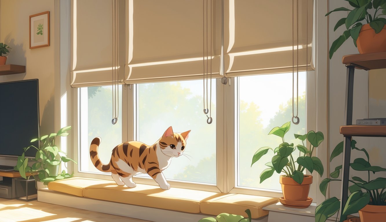 A cat playing near a large window with cordless window coverings in a cozy living room designed to be safe for pets.