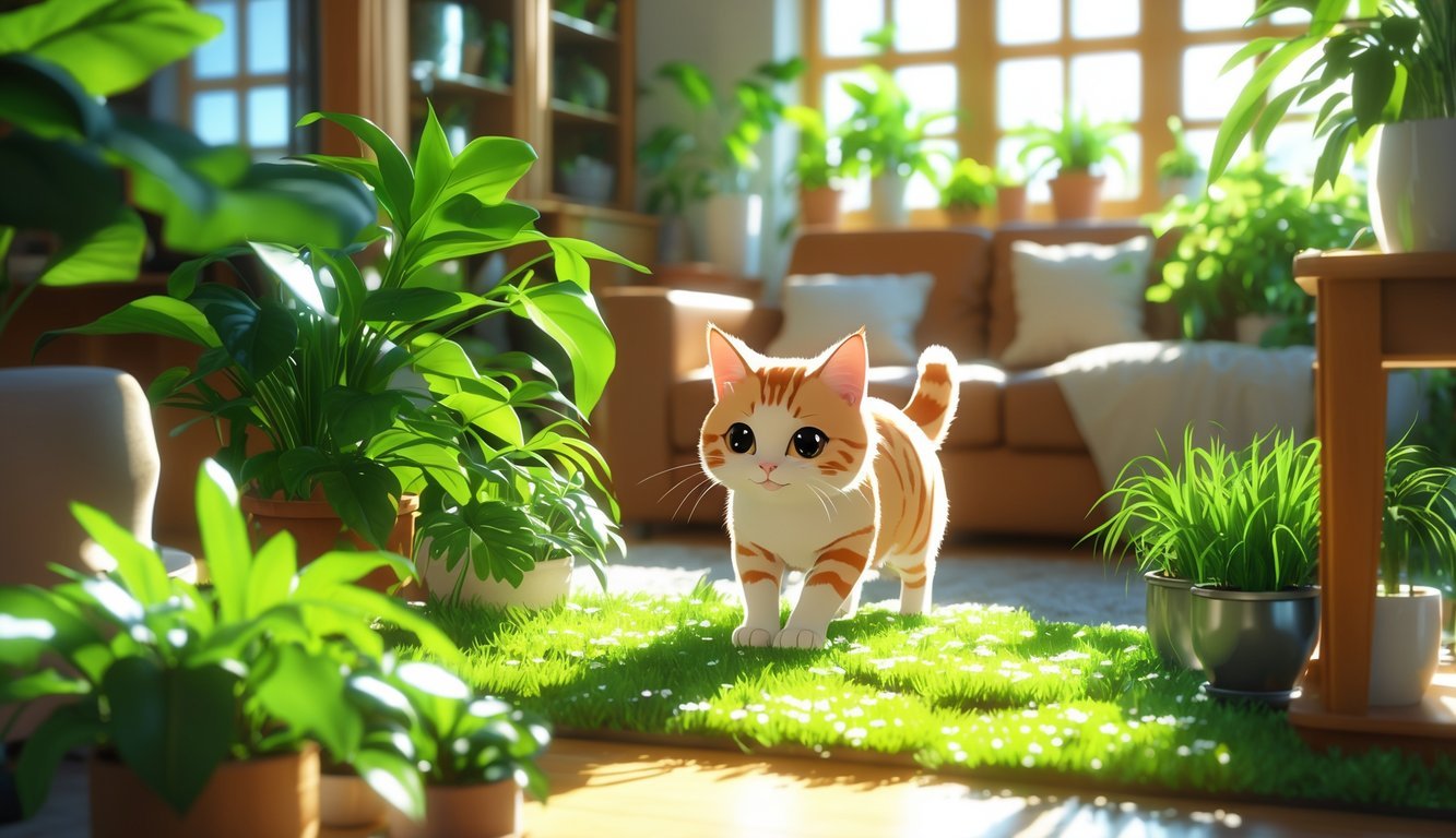 A cat explores a bright living room filled with safe indoor plants placed out of reach of toxic ones, creating a safe environment.