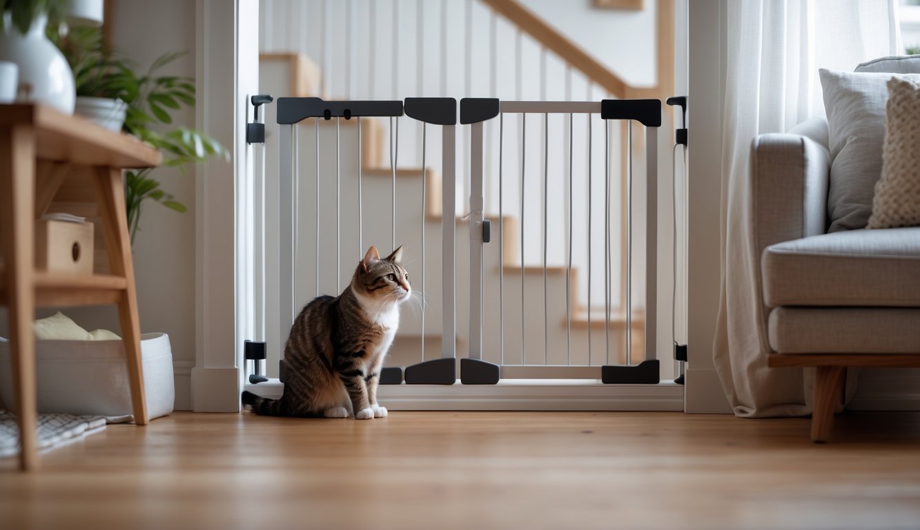 A cat sitting safely behind a pet barrier in a cozy home interior, with furniture and surroundings arranged to keep the cat away from dangerous areas.