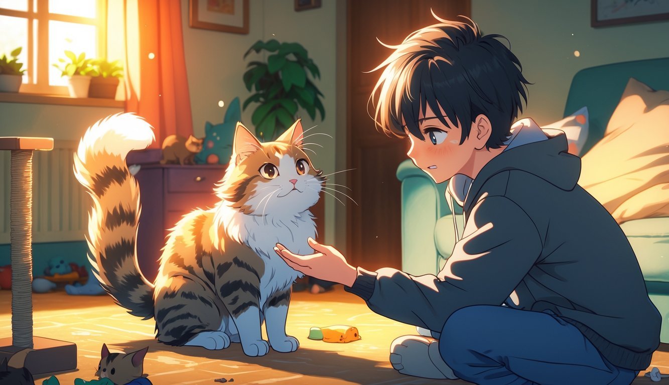 A person sitting on the floor reaching out to an anxious cat showing signs of wanting attention in a cozy living room.