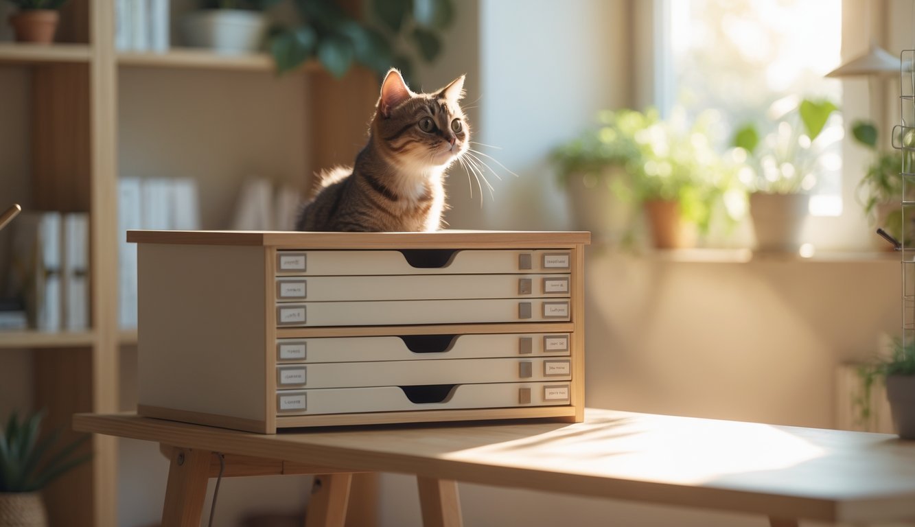A cat looks up at a desk with closed drawers in a tidy home office, surrounded by books and plants.