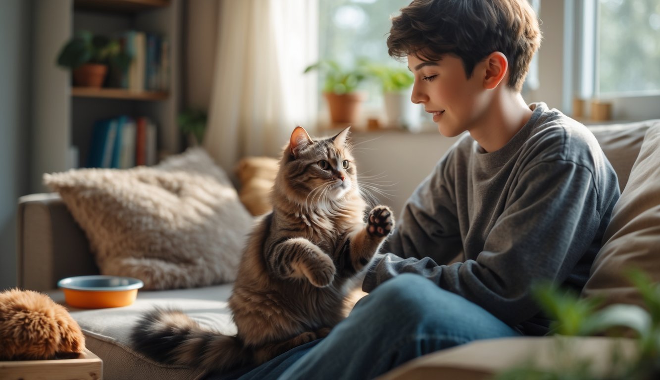 A person gently interacting with their cat indoors, with the cat reaching out for attention in a cozy living room.