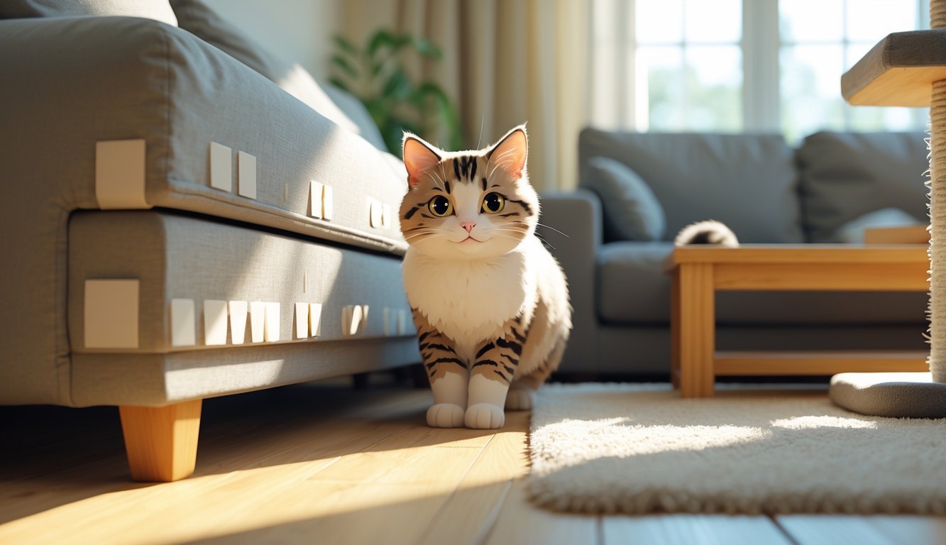 A cat cautiously inspecting furniture edges protected with clear tape in a cozy living room.