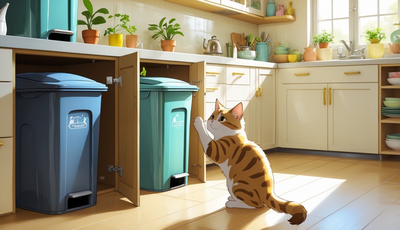 A cat is pawing at closed kitchen cabinets and trash cans with lids, unable to get inside.