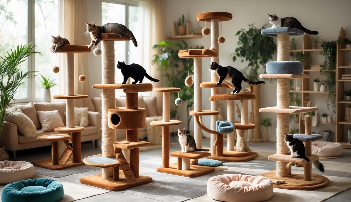 A bright living room filled with many cat trees and scratching posts, with several cats climbing and playing on them.