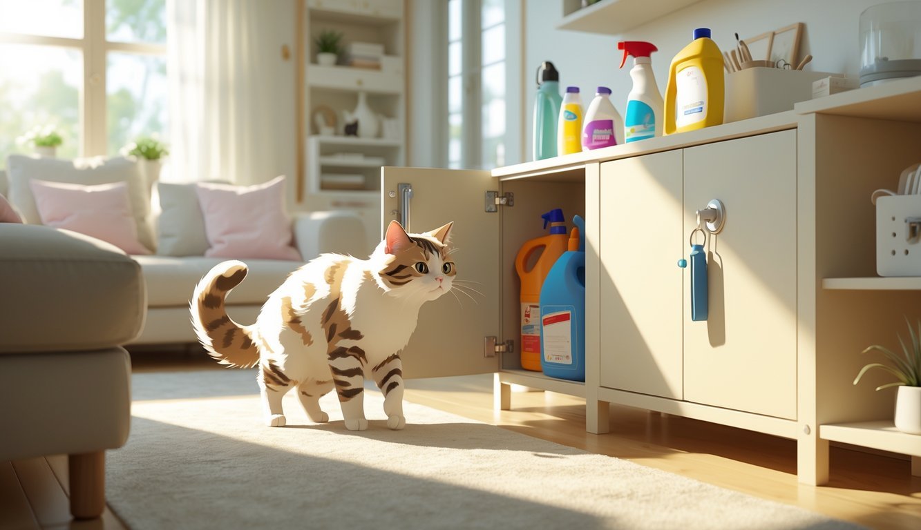 A curious cat looking at a locked cabinet with cleaning supplies in a tidy, sunlit living room with cat-proofing features.
