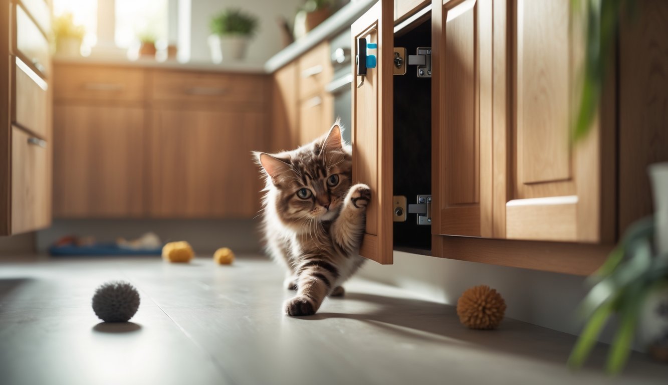 A cat pawing at a cabinet door secured with a cabinet lock inside a cozy kitchen, showing cat-proofing measures to keep the cat from opening cabinets.
