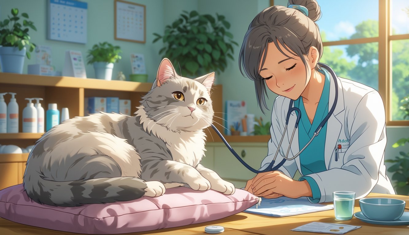An elderly gray cat resting on a cushion while a veterinarian gently examines it in a bright and cozy clinic room.