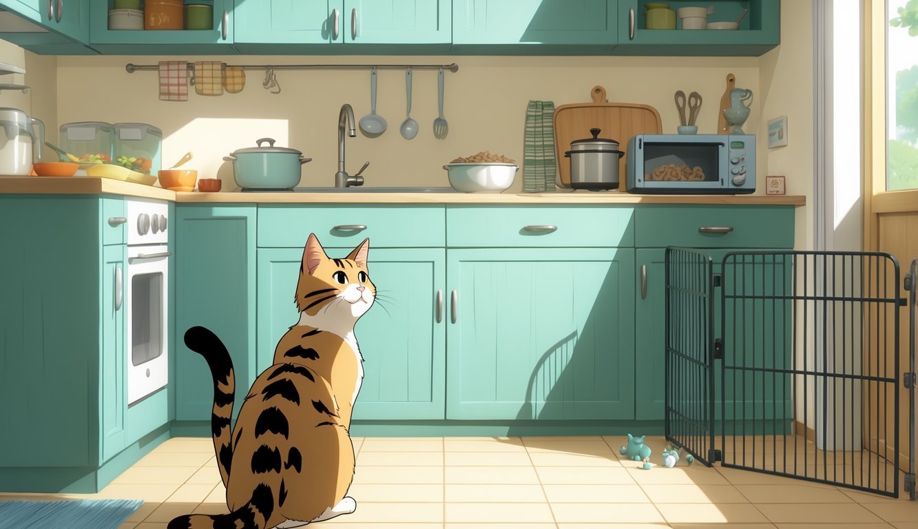 A cat looking up at a kitchen counter where all food is safely stored away, with cat-proofing features visible in the room.
