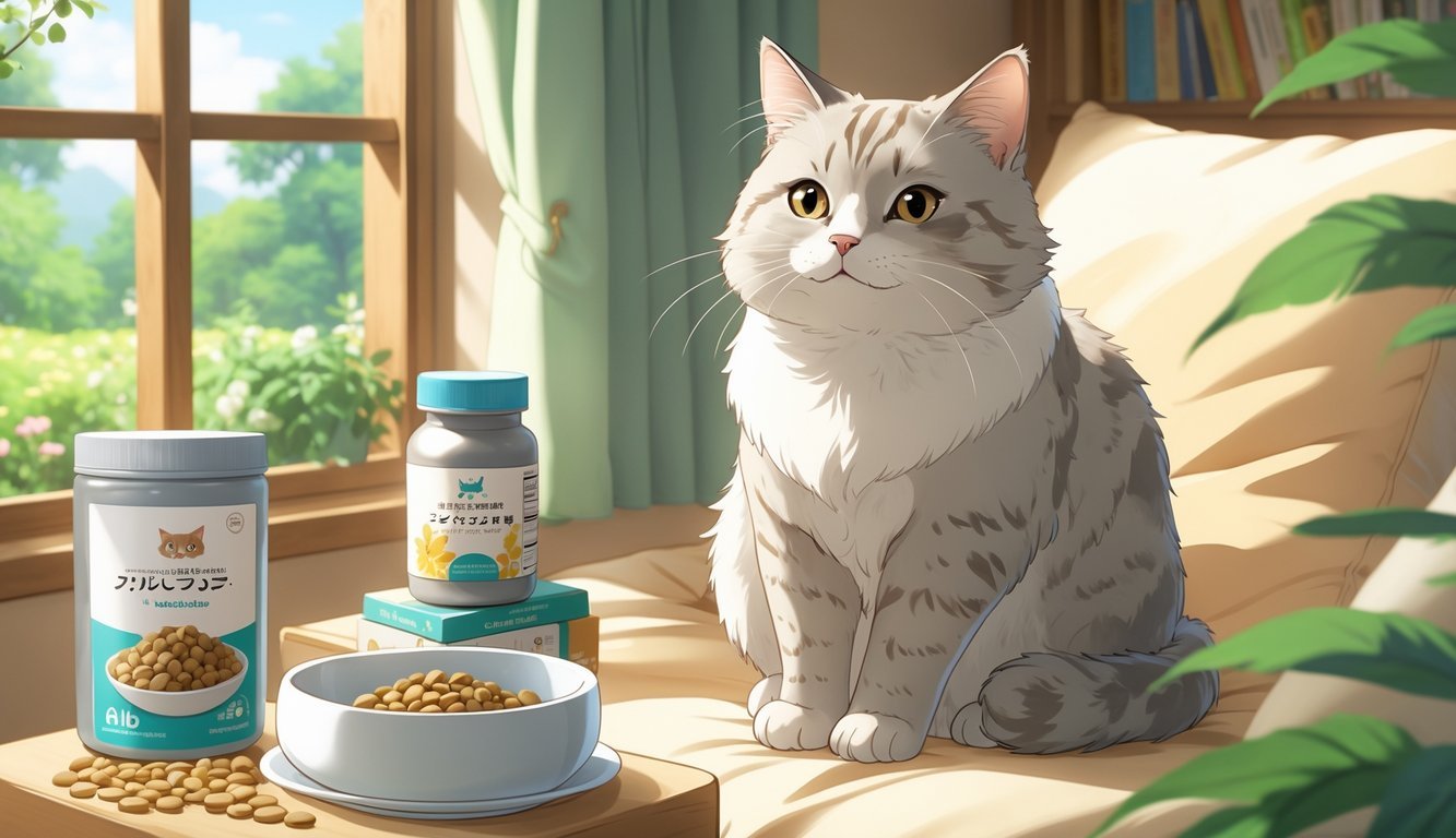 An elderly gray cat sitting comfortably in a cozy room with a bowl of nutritious food nearby and sunlight coming through a window.