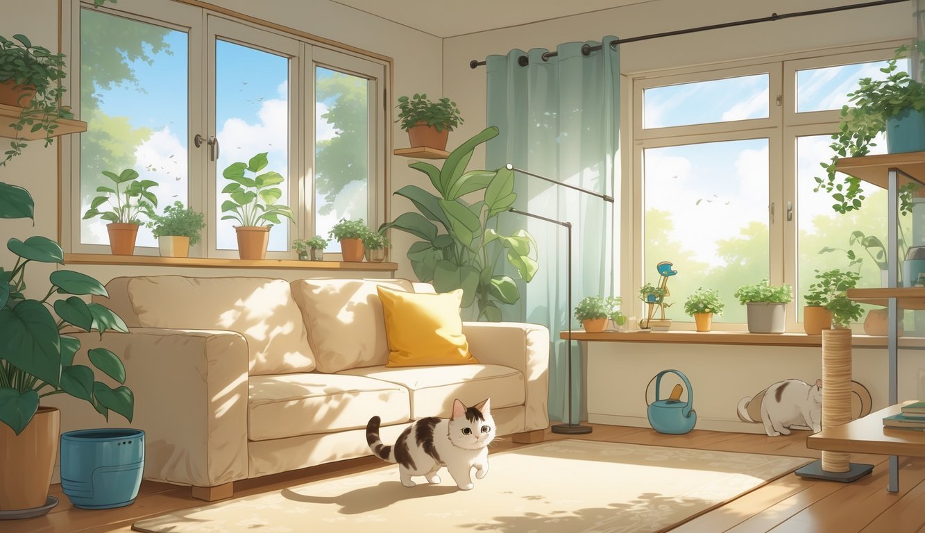 A cat exploring a living room with cat-proofing features like a scratch-resistant couch cover, high shelves for plants, secure window screens, and a corner scratch post.