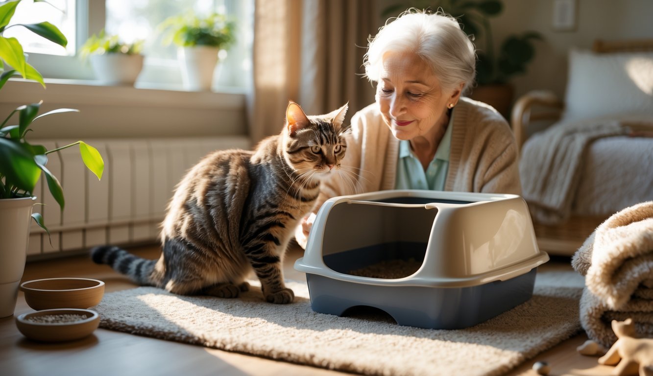 An elderly woman gently caring for a senior cat using a low-sided litter box in a cozy indoor setting.