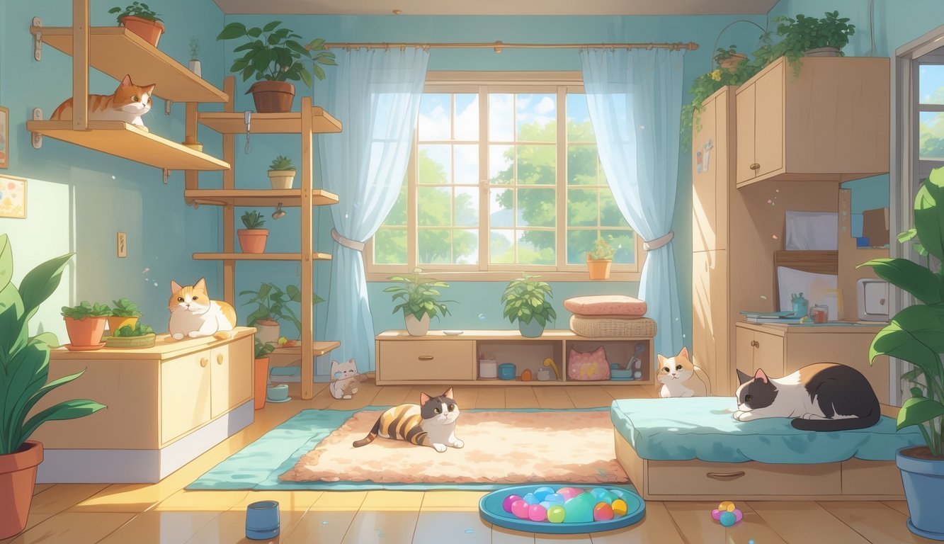 Indoor scene showing cats playing and resting in a cozy, well-organized home with safe furniture and cat-friendly features.