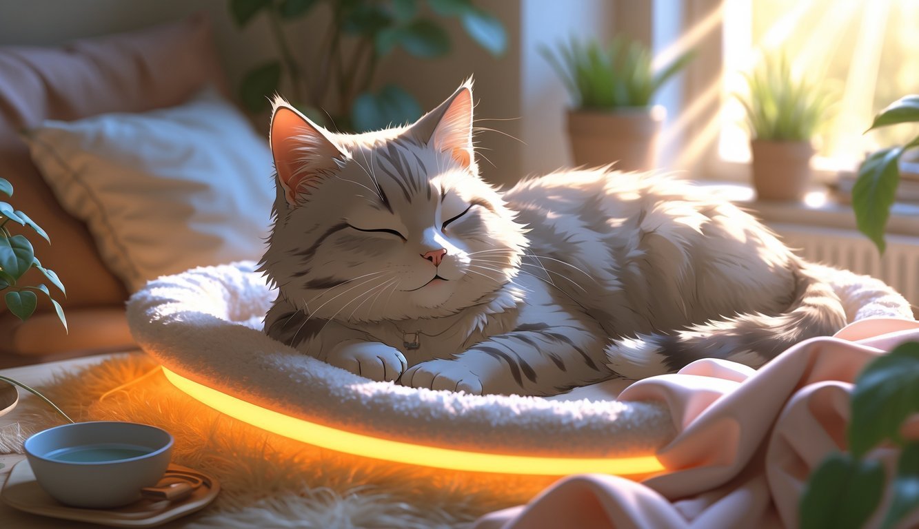 A senior cat resting peacefully on a heated cat bed in a cozy indoor setting with soft blankets and sunlight coming through a window.