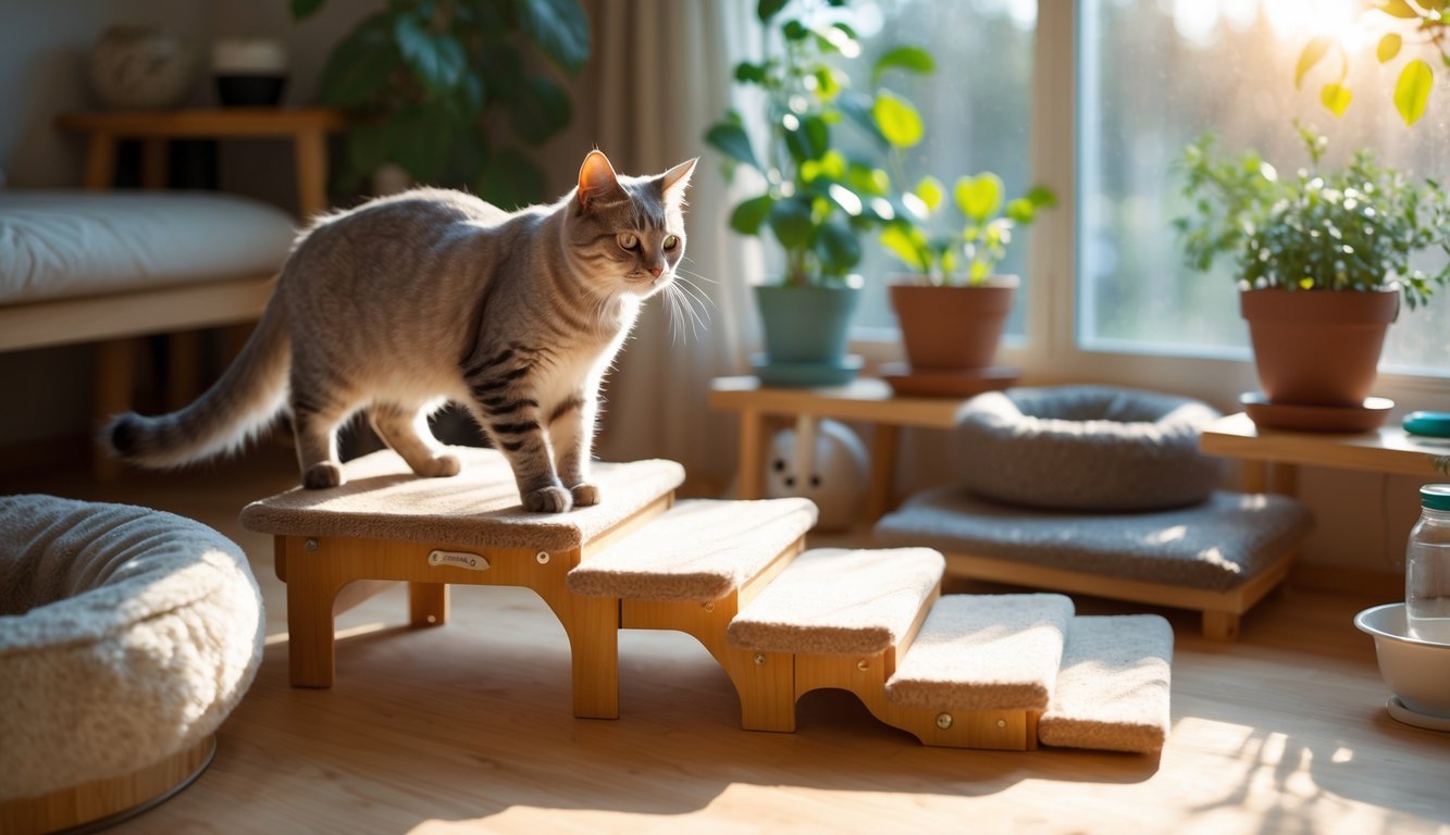 A senior cat using wooden ramps and carpeted steps to reach a sunny window perch in a cozy indoor room.