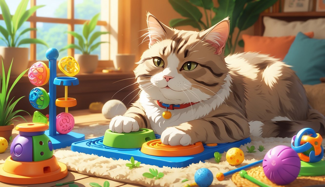 A senior cat resting comfortably indoors surrounded by interactive toys like puzzle feeders and feather wands, in a warm and cozy room.