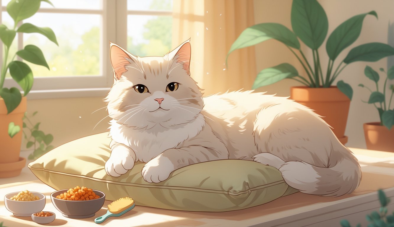 An elderly cat resting peacefully on a cushion in a sunlit room with a brush and food nearby, looking calm and well cared for.