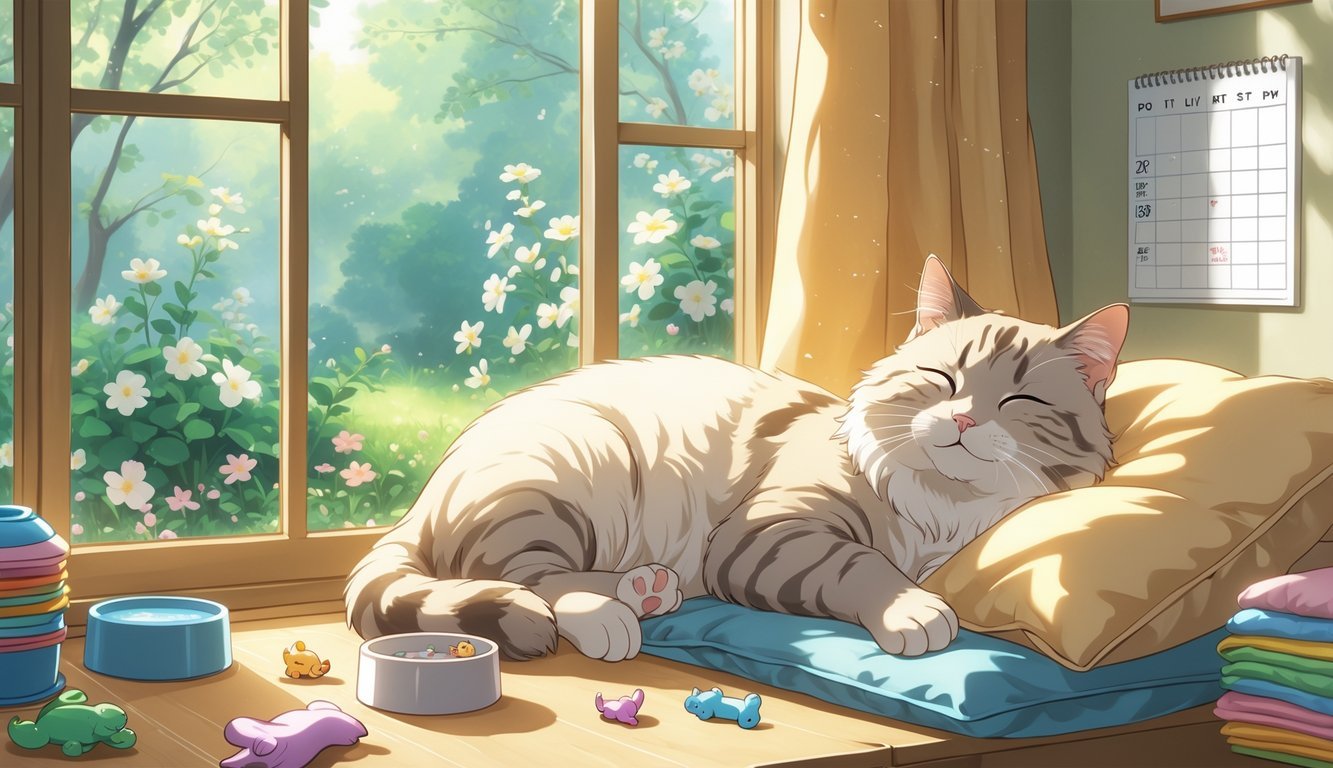An elderly cat resting peacefully in a cozy room with sunlight, surrounded by cat toys, a feeding bowl, a blanket, and a calendar.