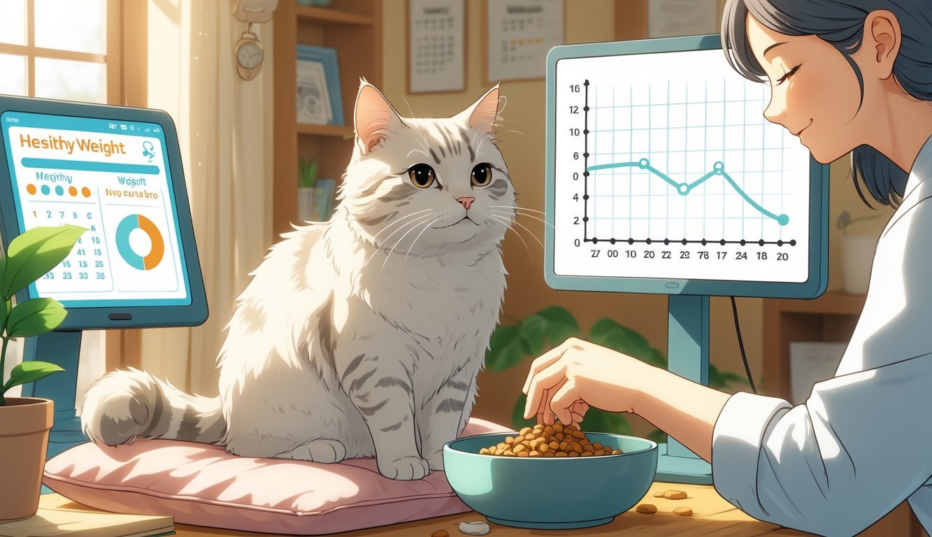 An elderly cat sits calmly on a cushion while a person adjusts its food portions next to a monitor showing a weight graph in a cozy, sunlit room.