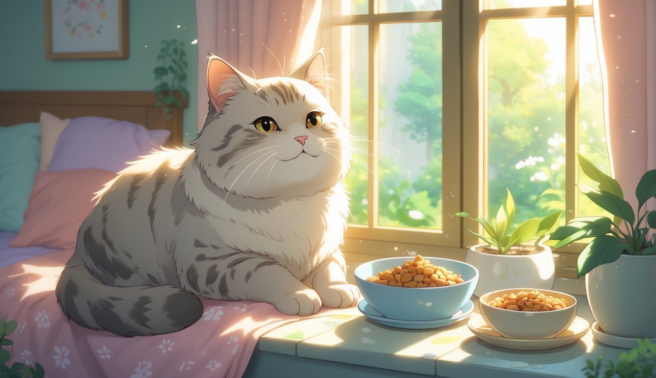An elderly cat sitting comfortably on a sunny windowsill inside a cozy home, surrounded by a food bowl, water dish, and a soft blanket.