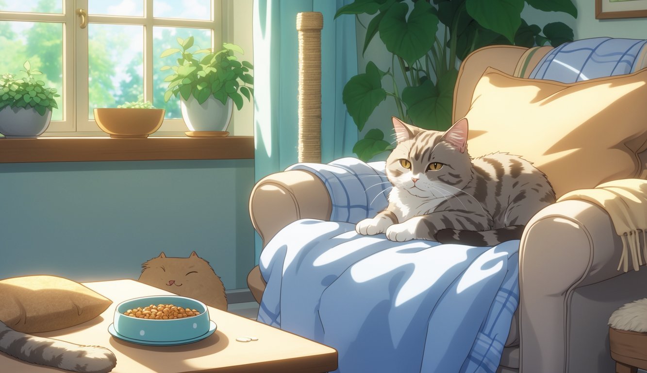 An elderly cat resting comfortably on a blanket in a cozy living room with sunlight and plants nearby.