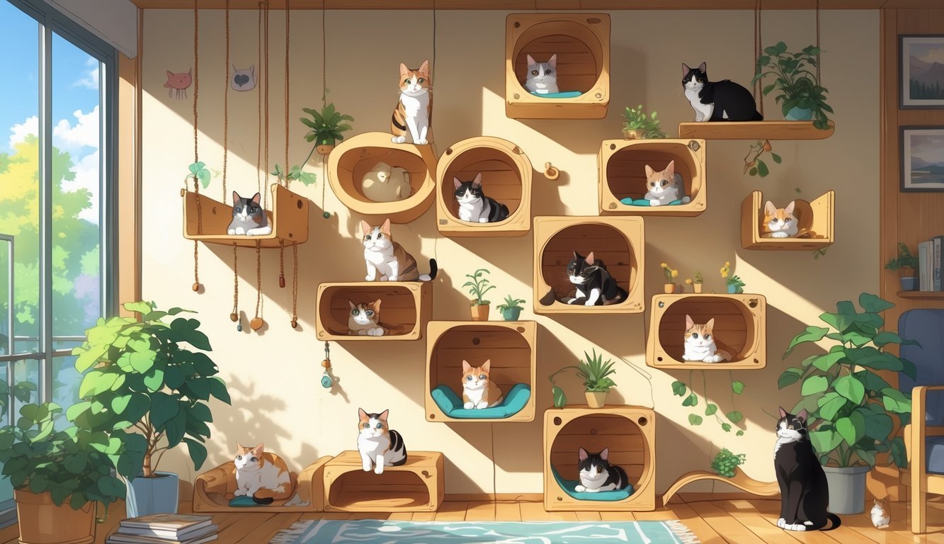 Indoor scene showing wall-mounted cat climbing shelves with multiple cats playing and resting on them in a cozy living room.