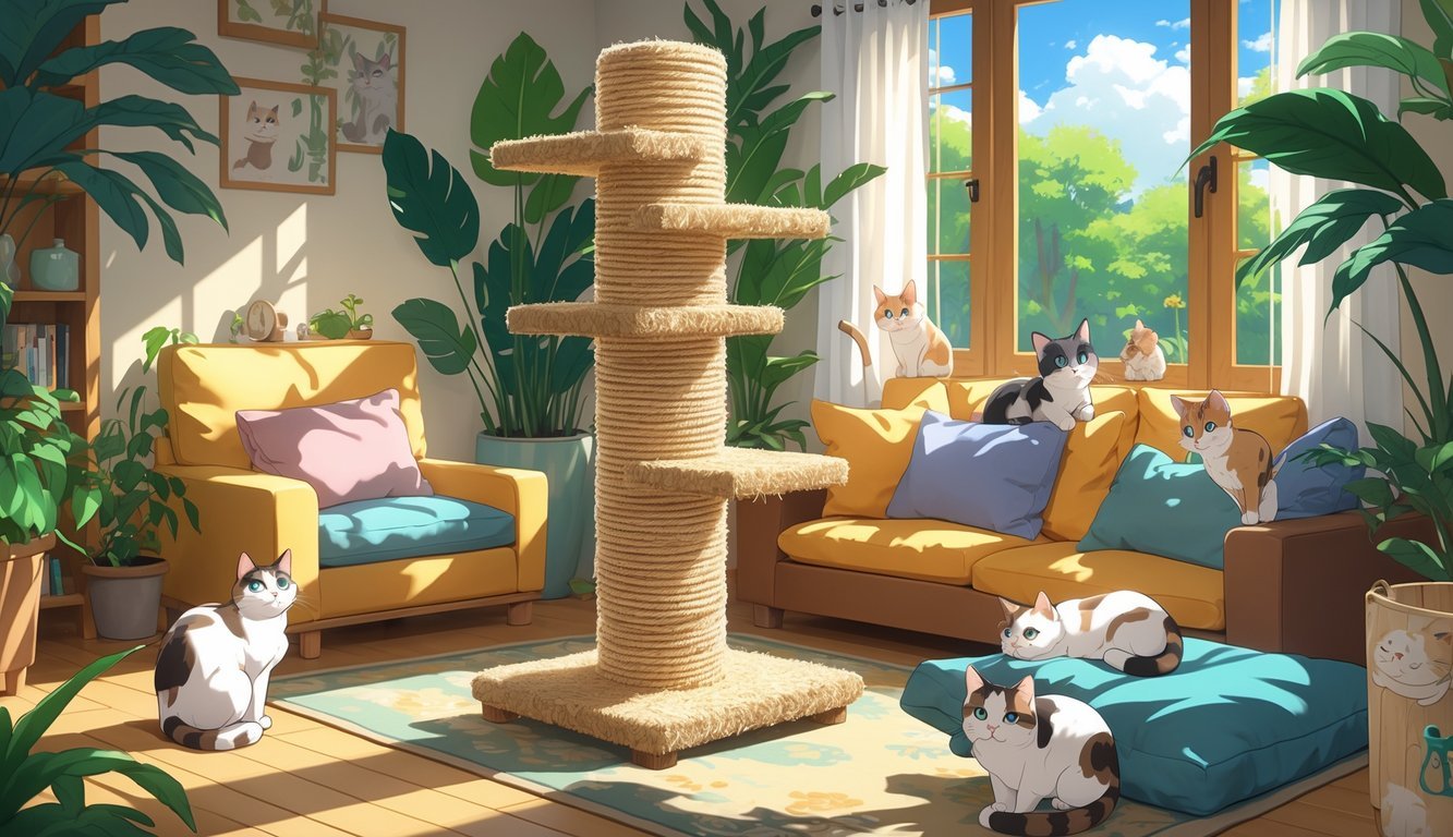 A cozy indoor scene with several cats playing on a tall sisal rope scratching post and other handmade cat furniture in a sunlit living room.