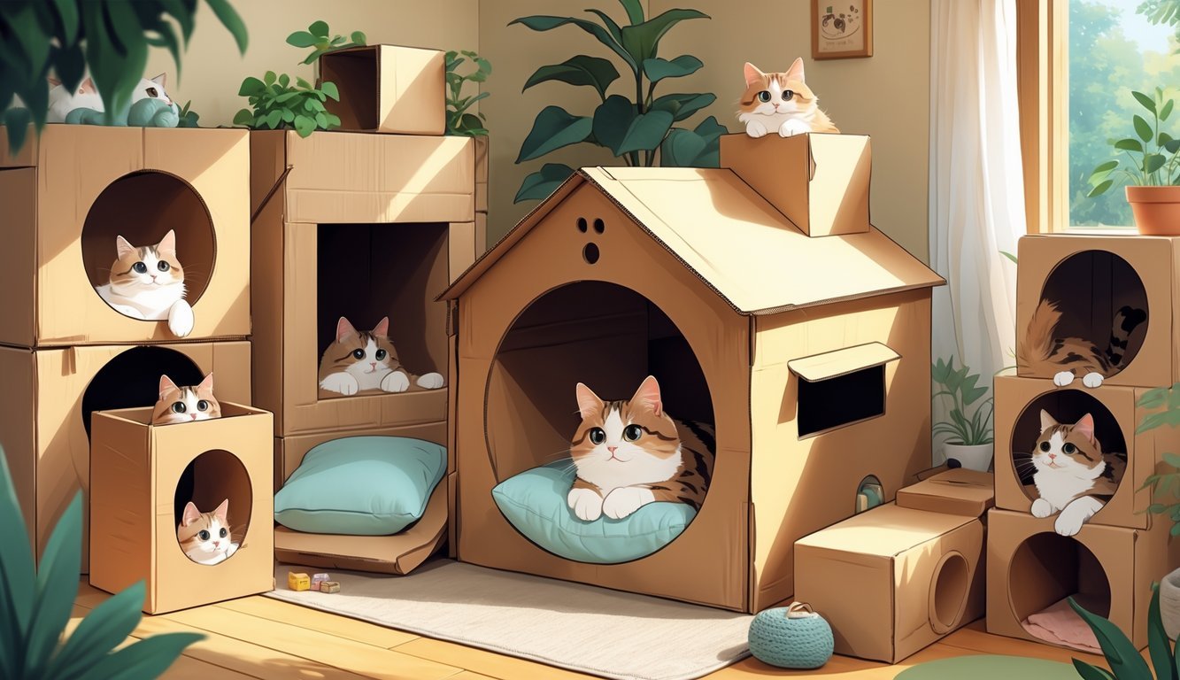 Several cats playing and resting in a cozy indoor area filled with cardboard cat houses and tunnels.