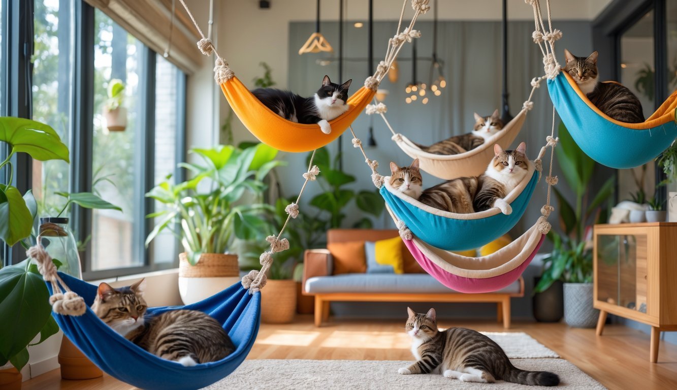 Several cats relaxing and playing on hanging fabric hammocks in a bright, cozy living room with plants and wooden furniture.