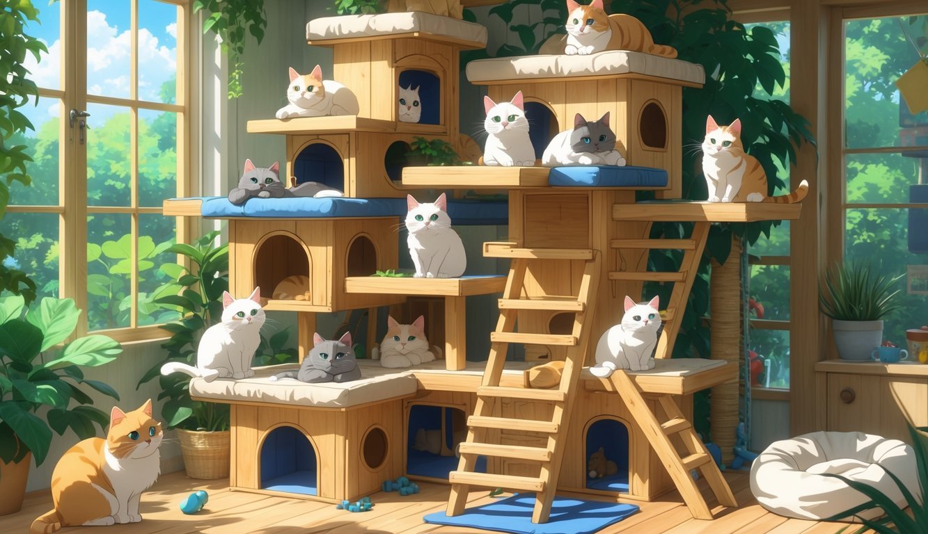 A multi-level cat tree with several cats resting, playing, and exploring on different platforms and inside hideouts in a sunny room with plants.
